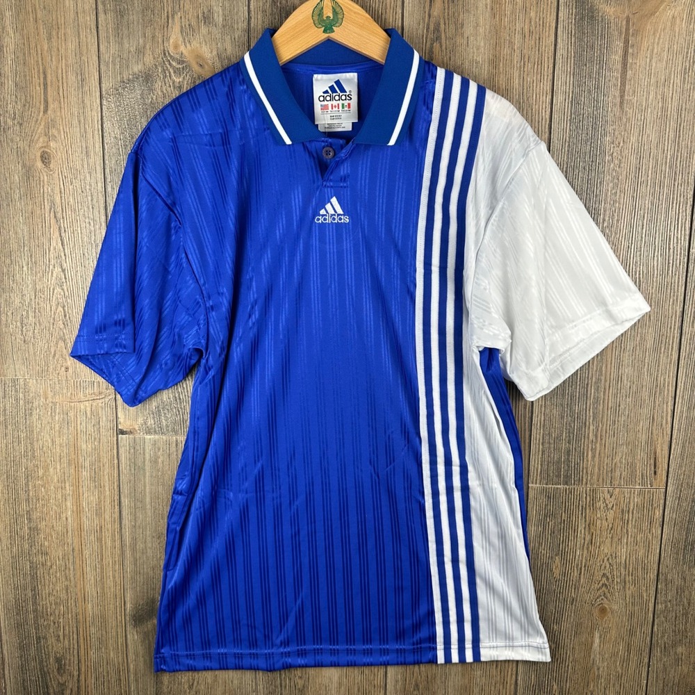 Adidas Soccer Jersey Shirt Vintage Mens Medium Blue White Polo Made in USA NEW